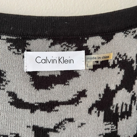 Calvin Klein Sz L Black Gray Sweater Knit Midi Shirt Dress Belted Short Sleeve - Picture 2 of 7